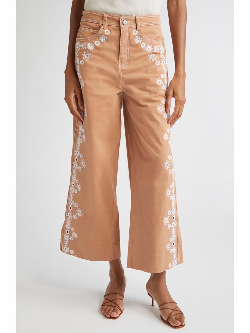 Cinq a Sept Mazie Eyelet Detail Stretch Cotton Cropped Pants Sahara White 8 NWT